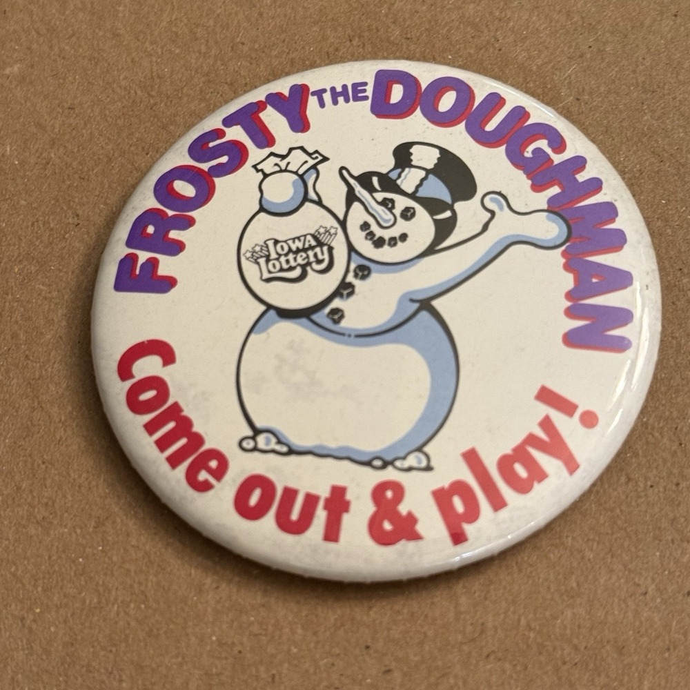 Iowa Lottery Frosty The Doughman Vintage Pinback Button Pin Round Circle